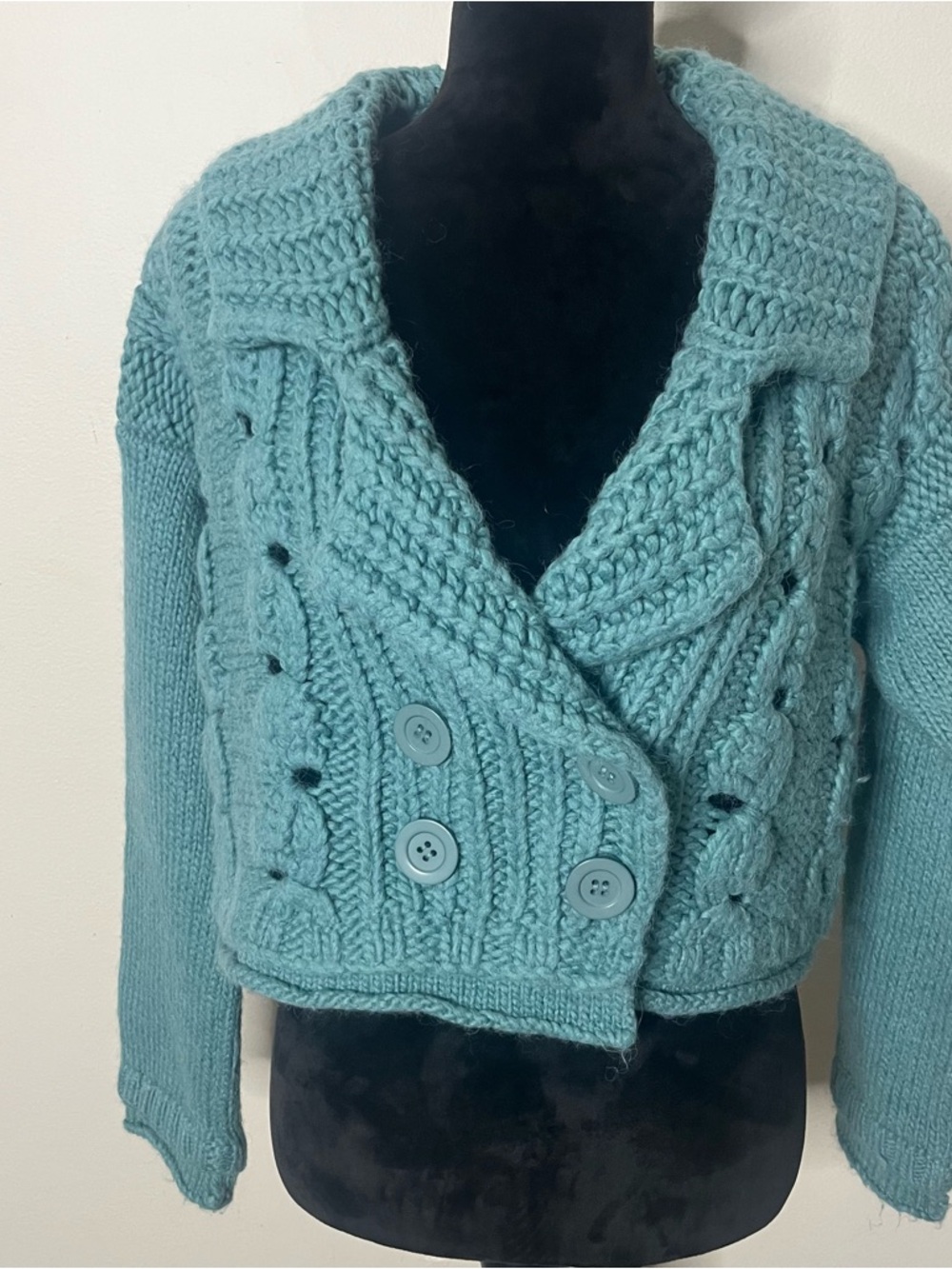 Nanette Lepore GreenCropped Chunky Cable Knit Double Breasted Cardigan Sweater M